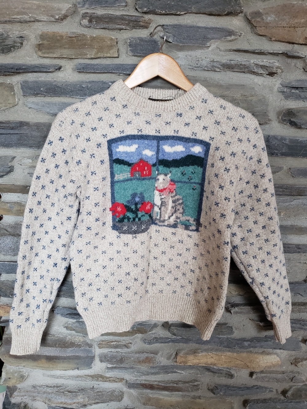 VTG Eddie Bauer Kitty In The Window Wool Sweater Medium